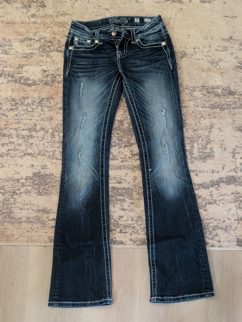 Miss Me Dark Wash Flare Jeans with Distressed Accents